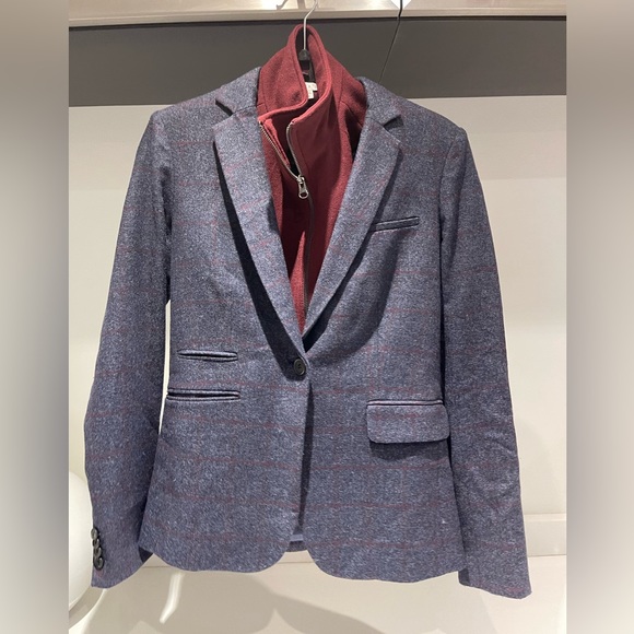 $748 Veronica Beard Blue Burgundy windowpane wool Dickey jacket Blazer sz 0 - Picture 1 of 16